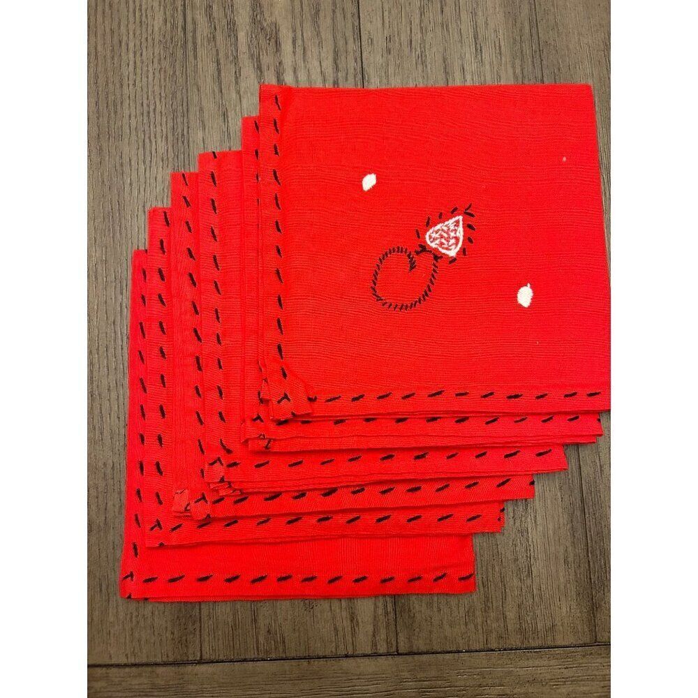 Set Of 6 Vintage Red Embroidered Cloth Napkins 15"x15" Cotton & Linen